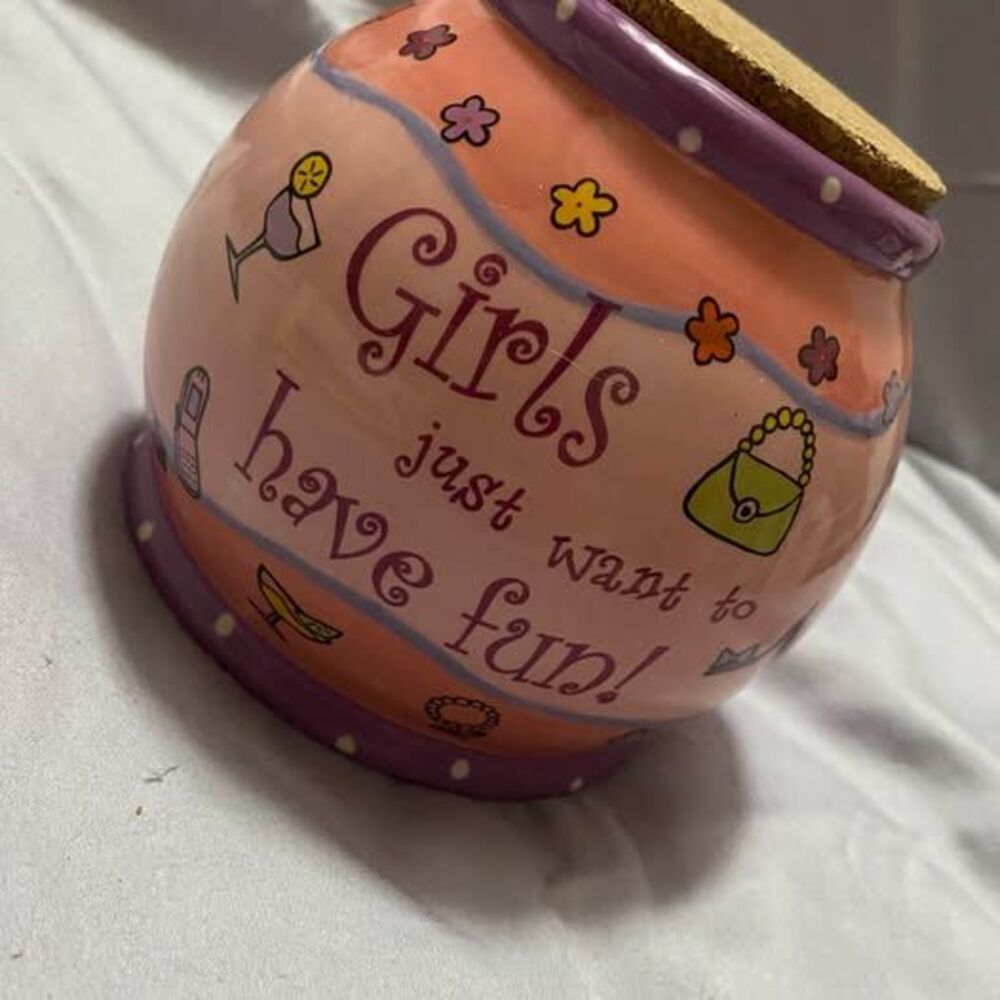 Vintage! "Girls Just Want to Have Fun" Ceramic Jar with Cork Lid
